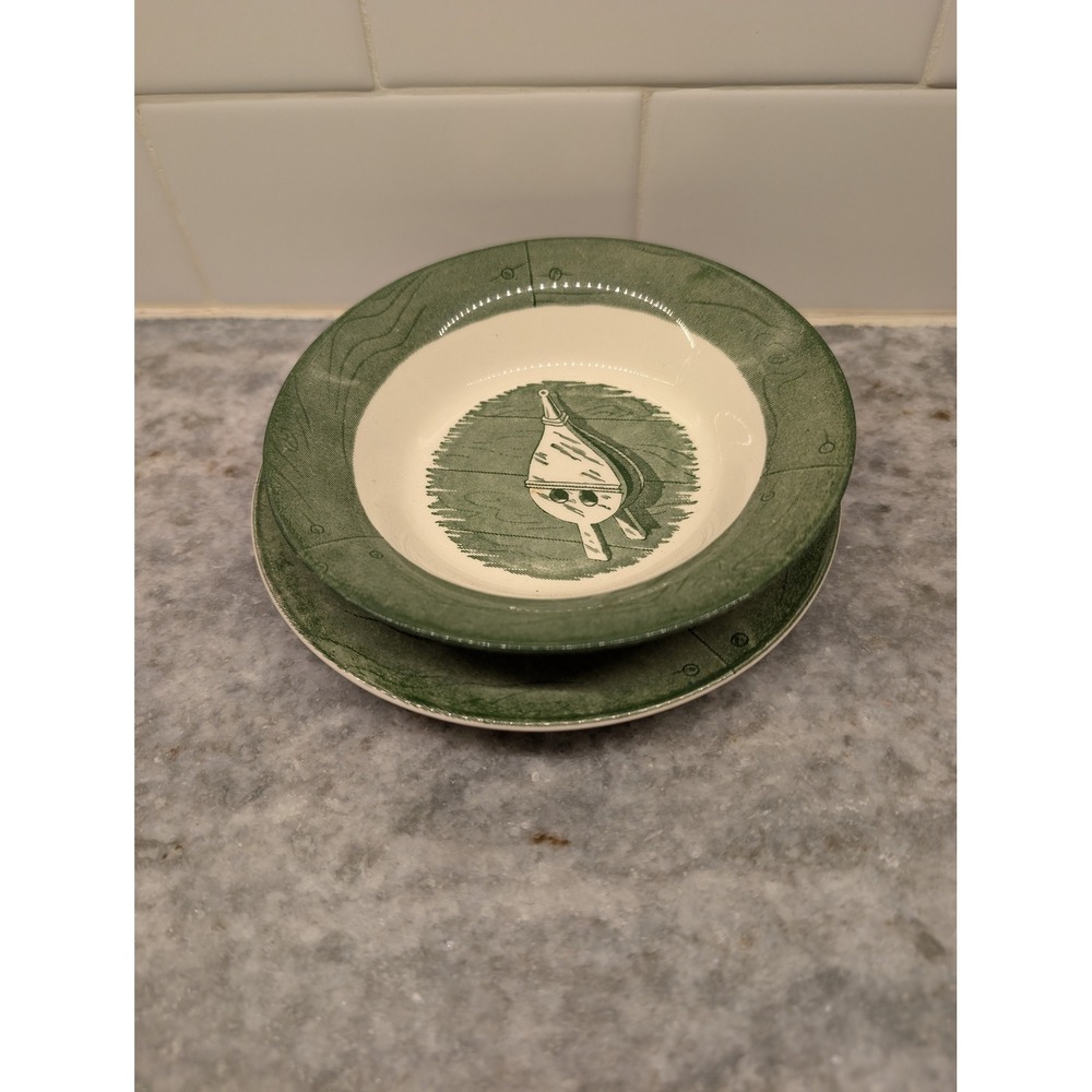 Vintage Royal China Colonial Homestead Green Water Bucket Plate‎ & Small Dish - Picture 2 of 13